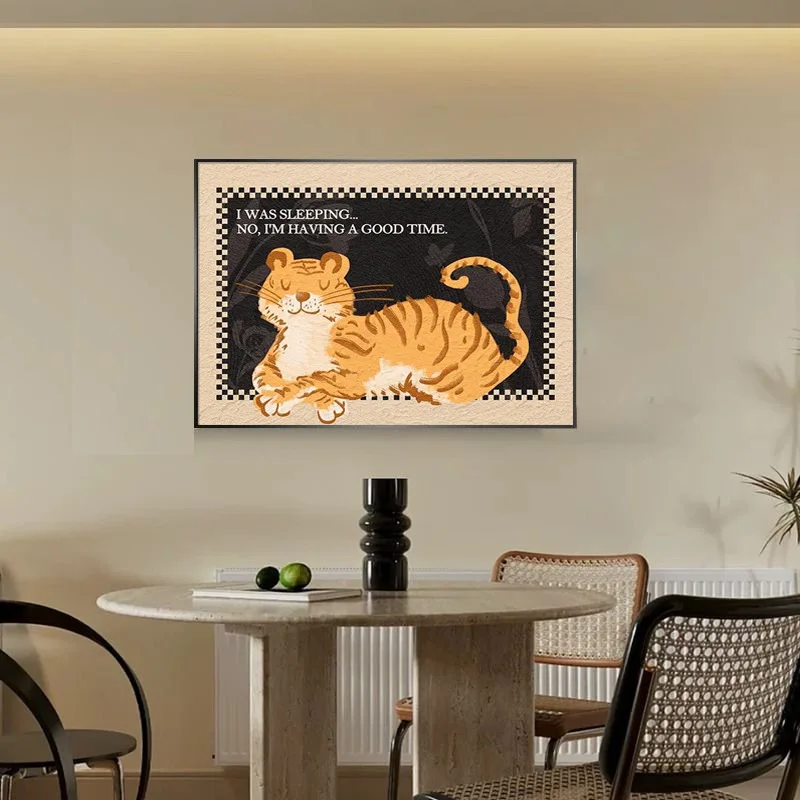 Cute Dog Cat Wall Art Canvas Print With Tulip Flowers Neutral Green Beige Background Whimsical Minimalist Living Room Home Decor