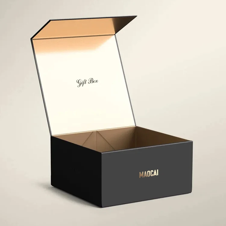 Open black gift box with text