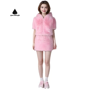 Original Clothing Manufacturers Custom Women Winter pink Fashion Flannel Hooded Jacket and Short Skirt 2 Pieces Set