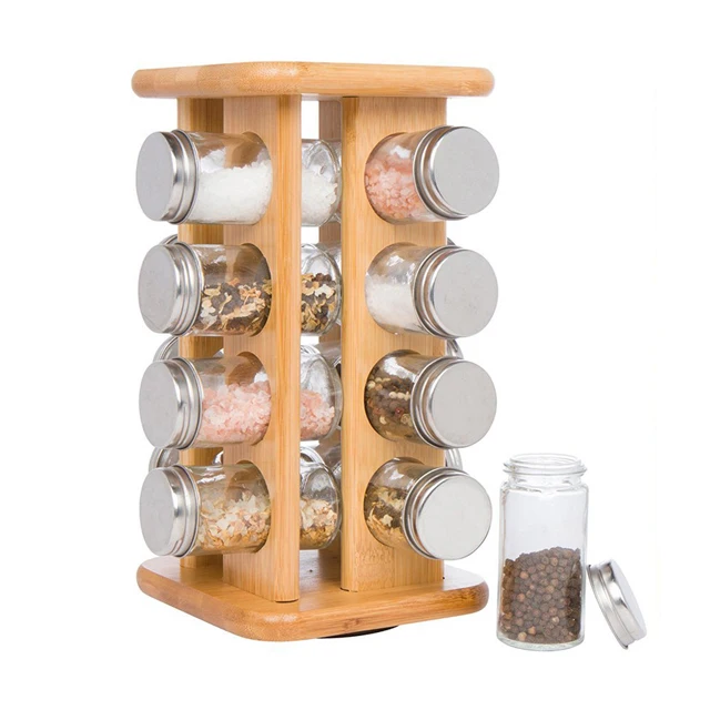 16 Jars Bamboo Spice Stand Bamboo Rotating Spice Storage Rack Kitchen