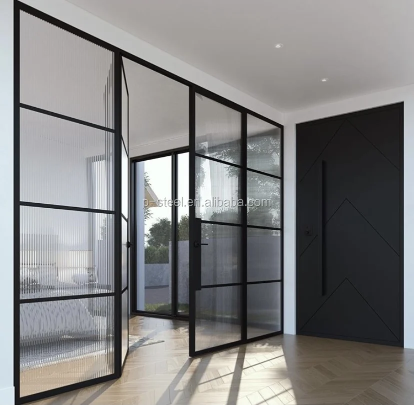Customized Traditional Modern French Iron Entry Exterior Doors Swing Open Style Hot Rolled Steel Grill Windows Horizontal