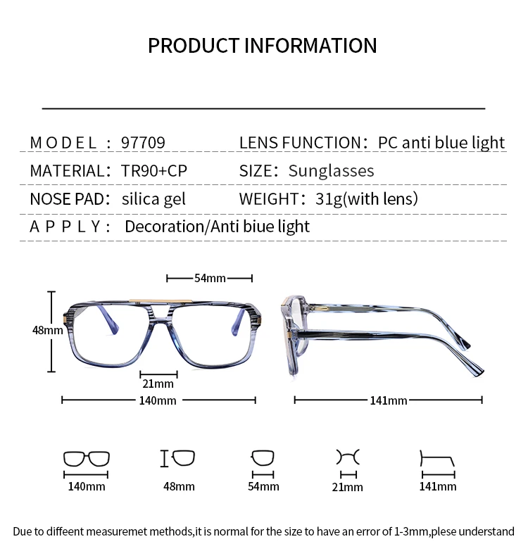 Big Square Eyewear Flat Top Frame For Man Optical Eyeglasses Double Bridge Spectacles Blue Block 6151