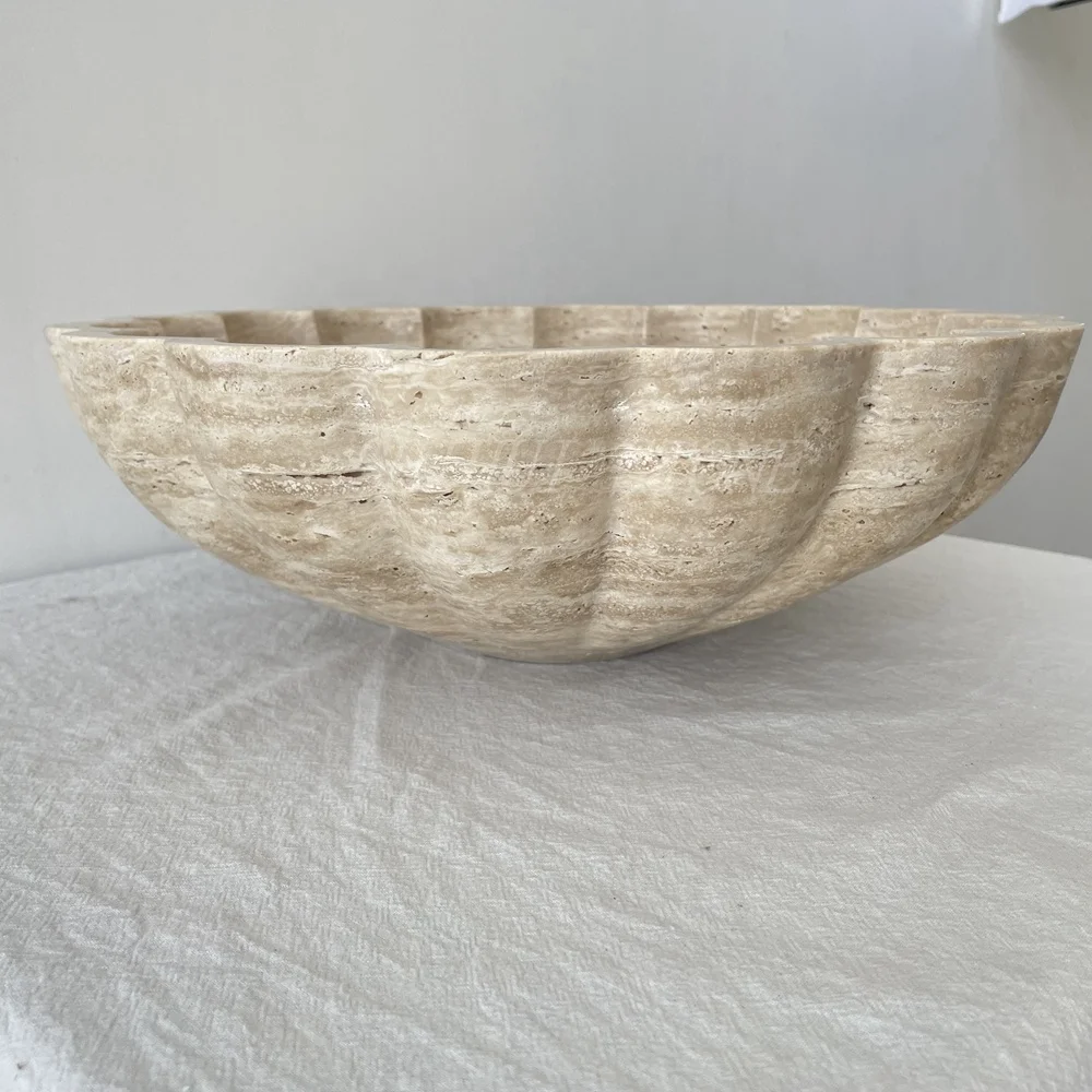Home Accessaries Flower Design Natural Travertine Stone Fruit Bowl Travertine Bowl Travertine Tray