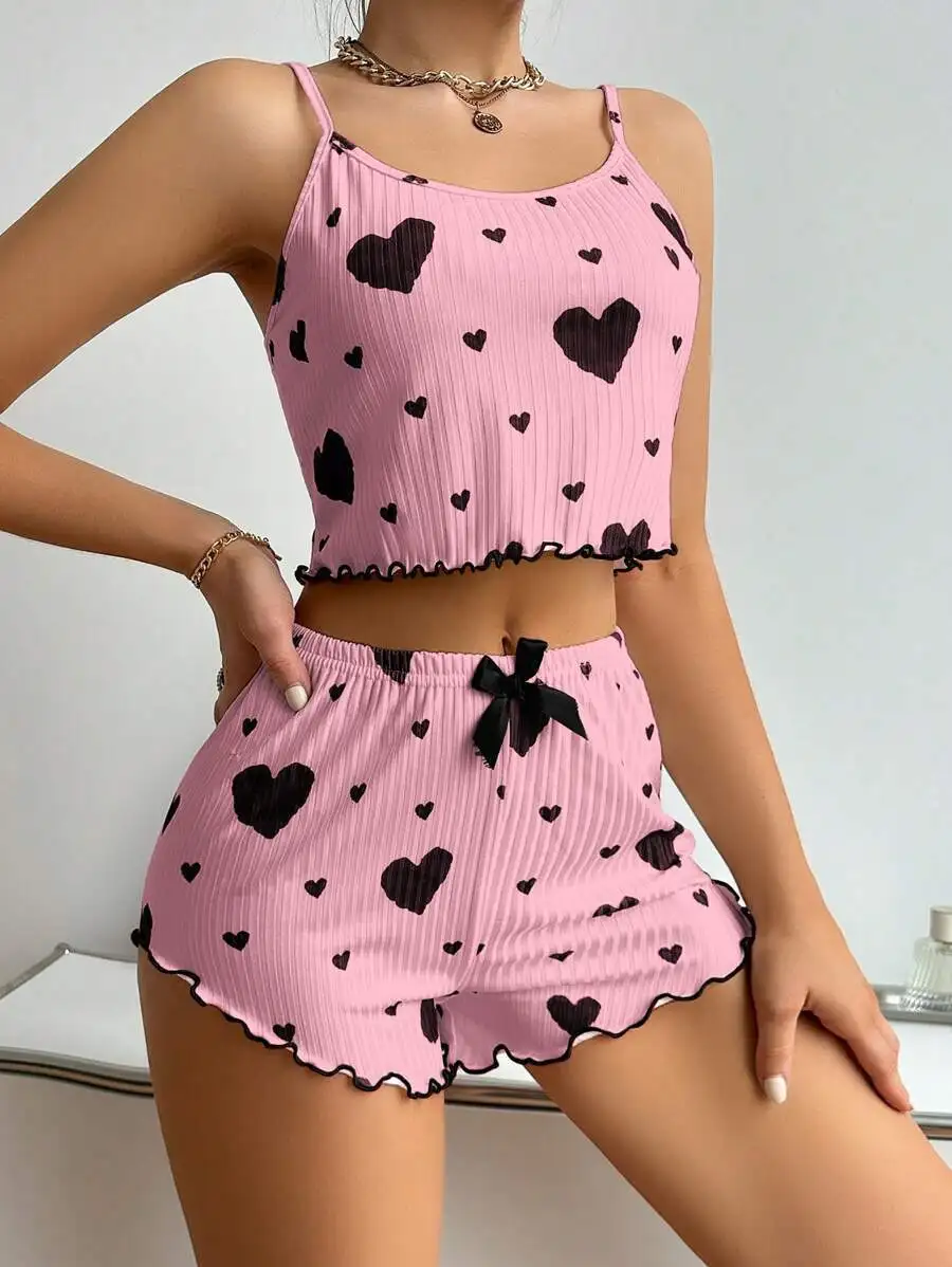 2024 European and American Women's Knitted Pit Stripe Print Sweet Camisole Shorts Pajamas