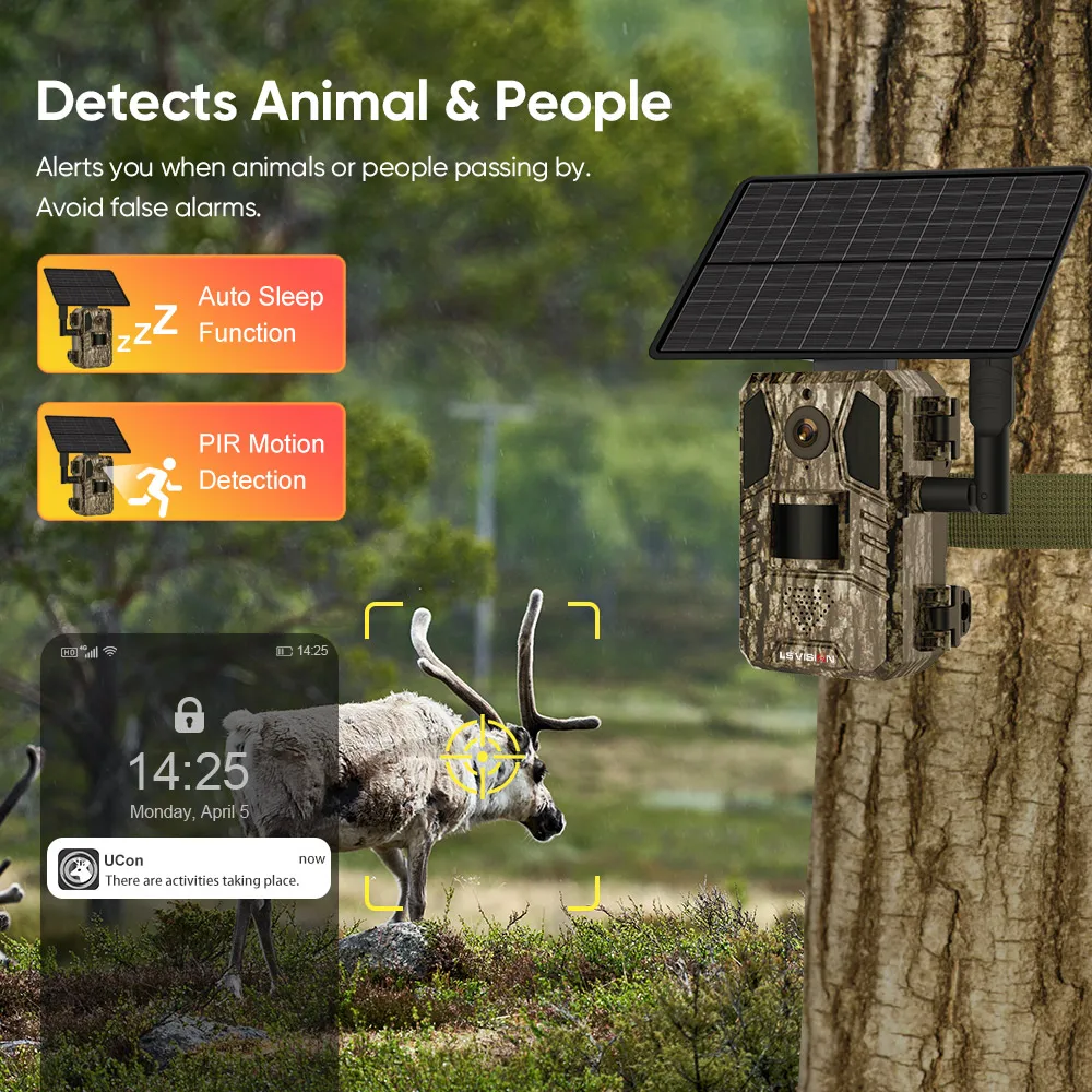 LS VISION 4MP 4G Solar Hunting Trail Camera PIR Sensing AI Motion Detection Alarm Sim Card LTE Cellular Outdoor Wildlife Camera