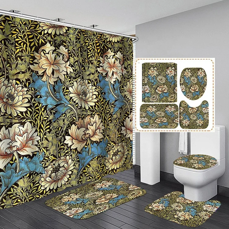 William Morris Style Shower Curtain | Cream Green Vine top Pattern | Boho Art Nouveau Trailing Leaves Art | Artistic Bohemian Bathroom Decor