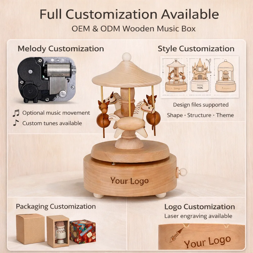 Customization Service Mini Size Carousel Horse Rotating Wooden Toy Music Box for Gifts