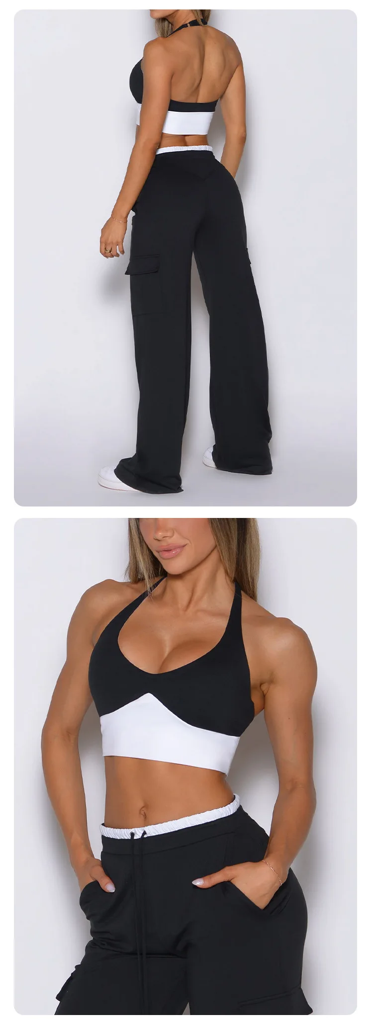 Women's Halter Yoga Set Backless Sports Bra Wide Leg Cargo Pants Two Piece Activewear — detail
