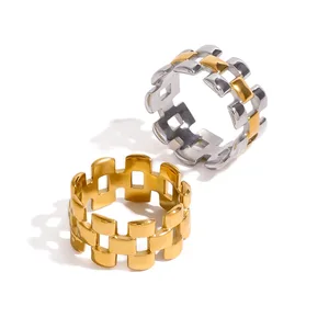 Fashionable Three-Layer Stainless Steel Women's Ring 18K Gold Plated Square Block Hollow Jewelry