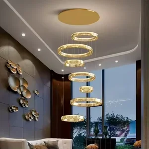 Customized Staircase Hanging Lamp Hotel Lobby Modern Luxury Round Large Ring Circle Crystal Led Chandelier