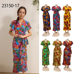 Wholesale Fashion Women's Summer Short Sleeve Casual Printed V-Neck Breathable Dress