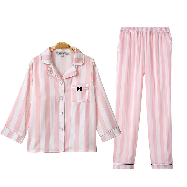 Fashion Custom Long Sleeve Cozy loungewear Satin Silk Kids Pajamas Pink Striped Children 2 Piece Girls Sleepwear Pyjamas Set