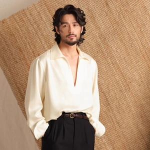 Silk Cool Deep V-neck Gorgeous Long Sleeve Men's Shirt Heavy Duty Twill Acetate Tencel Linen Shirt for Men