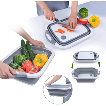 Kitchen Multifanctional Portable 3 In 1 Foldable Folding Collapsible Plastic Chopping Blocks Cutting Board Washing Basket