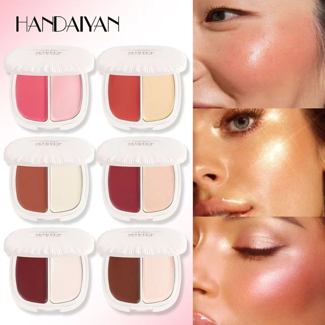 HANDAIYAN 2 in 1 blush highlight multi-purpose luminous natural finish 6 colors on cheeks lips long lasting with mirror