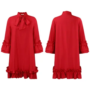 Women's Loose and Casual Plus-size Ruffle Sleeve Tie-up Collar Solid Color Shift Mini Dresses