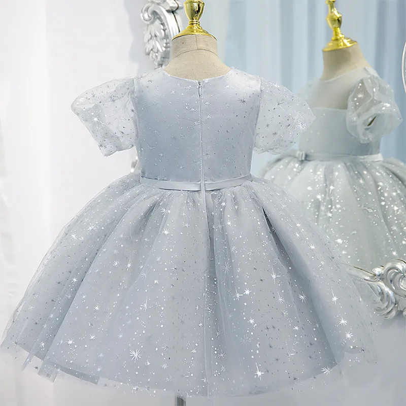 Elegant Baby Girl Party Gown Summer Grey Sequined Tulle