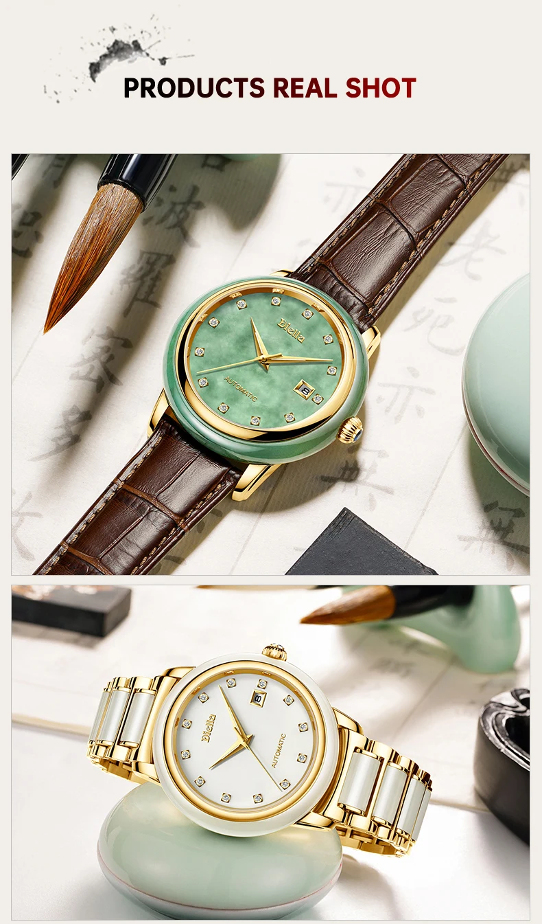 Diella Men's Mechanical Watch Jade Automatic Couple Pair Watch Simple Female Trend Wristwatch Genuine Leather Band 6001G