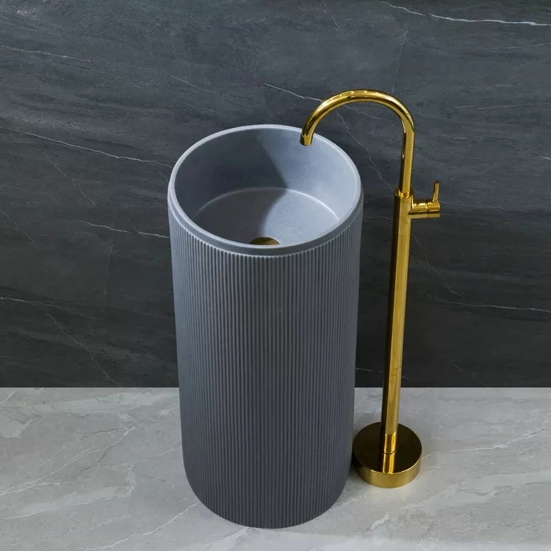 Modern bathroom washroom artificial stone cylindrical freestanding floor pedestal hand wash basin sink for hotel factory