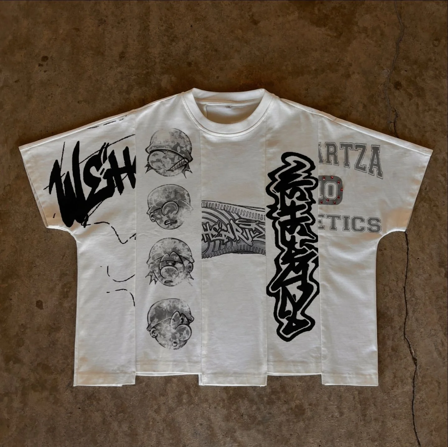 Salati Custom T-shirt Cotton Oversized Boxy Screen Printing Short Sleeve Uneven 2 Panel Tee Rhinestone Boxy Cropped T Shirt Men