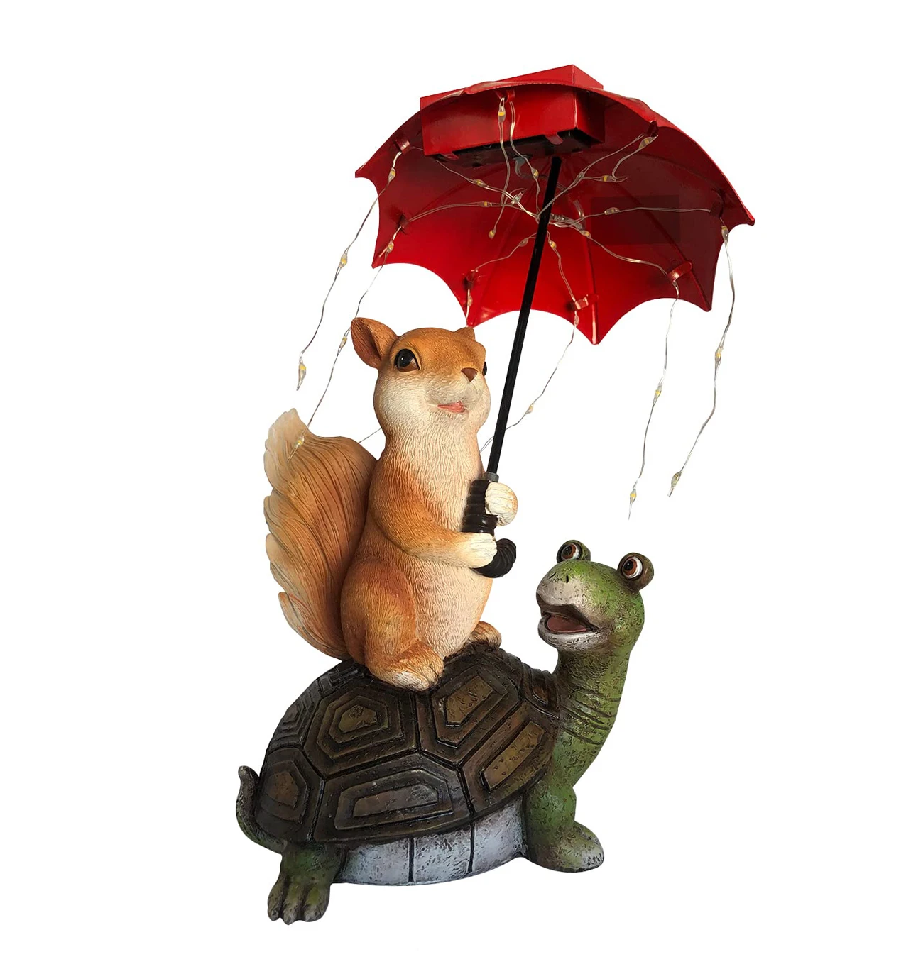 Solar  Statues Outdoor Squirrel Standing on Turtle Holding Umbrella with String Lights for Patio Lawn Yard