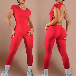 Custom Women Backless One Piece Shorts Sleeve Bodysuit Fitness Wear Gym Yoga Jumpsuits for Women