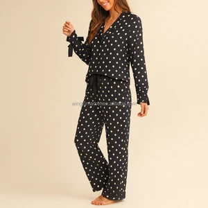 Women Long Sleeve Pajama Set Black Polka Dot Sleepwear Soft V-Neck Loungewear Top Wide Leg Pants with Drawstring Tie Cuffs