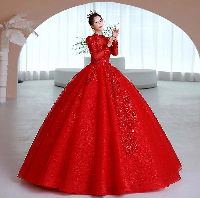 ZX 71 Luxury Senior Bride Red Wedding Dress Fluffy Skirt High Neck Sequined Long Sleeve Bridal Gown