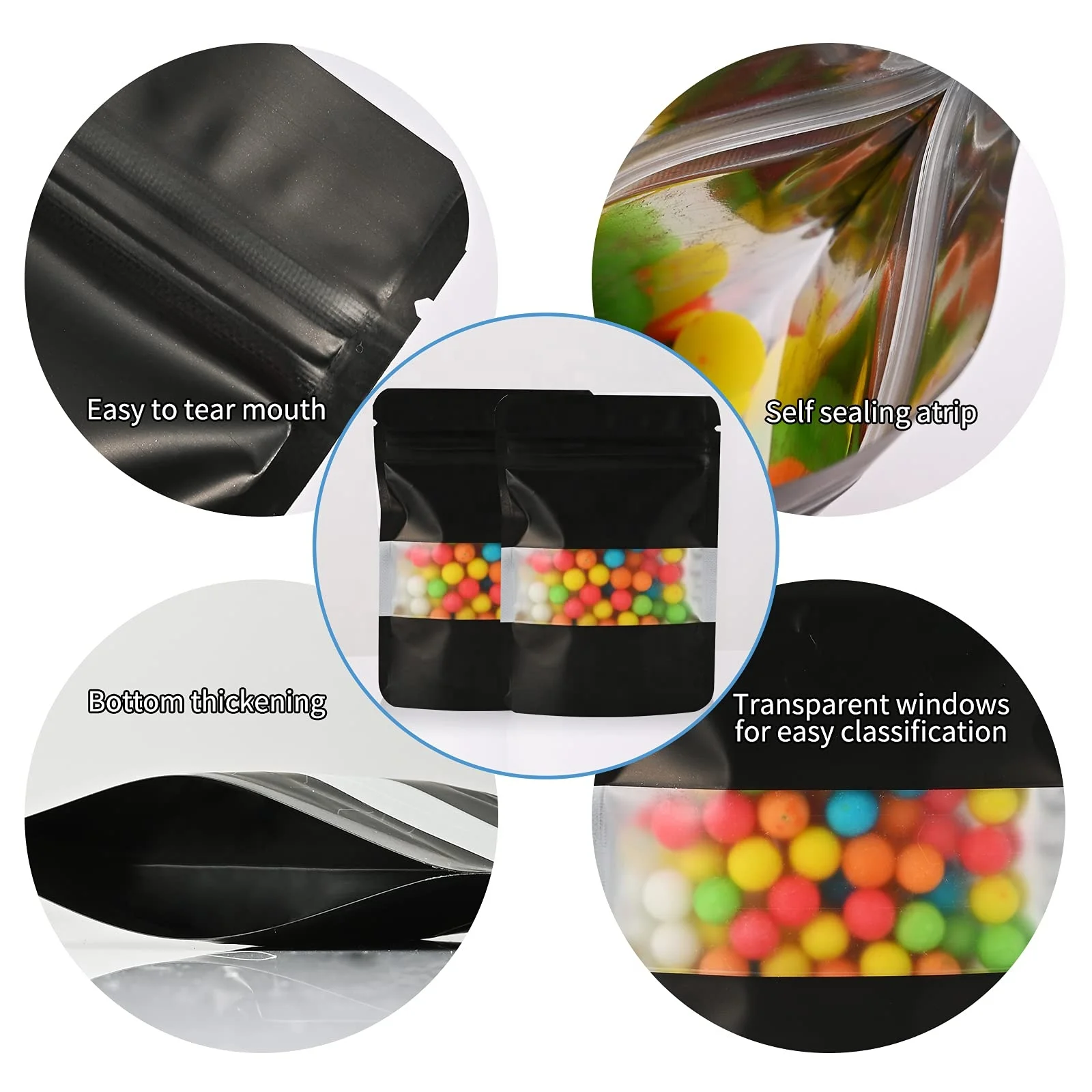 Custom Packaging Resealable Matte Zip Lock Plastic Stand up Pouch With Window Black Mylar Bags
