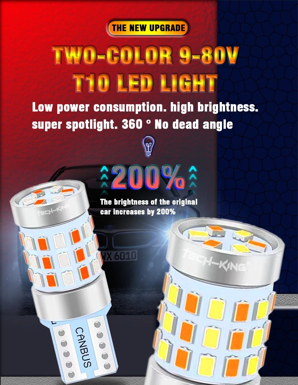 TECH-KING Two-tone T10 W5W 194 168 501 2016 42SMD Light Car LED Bulbs 12V LED Bulb Lights 9-80v Universal CanBus Width Light