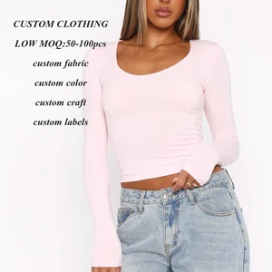 Clothing Factory Hot Selling Solid Color Crop Top t Shirts Women Custom Slim Fit Scoop Neck Long Sleeve Plain Basic t Shirt