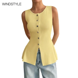 OEM/ODM Lady's Fashion Pullover Viscose Sweater Vest with Gold Buttons Embroidered Knitted Outerwear