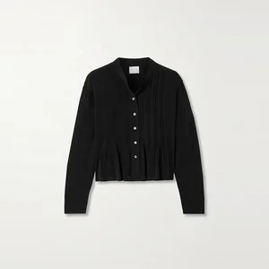 Clothing Manufacturer Custom Spring Autumn Black v Neck Long Sleeve Elegant Casual Women Pleated Shirt