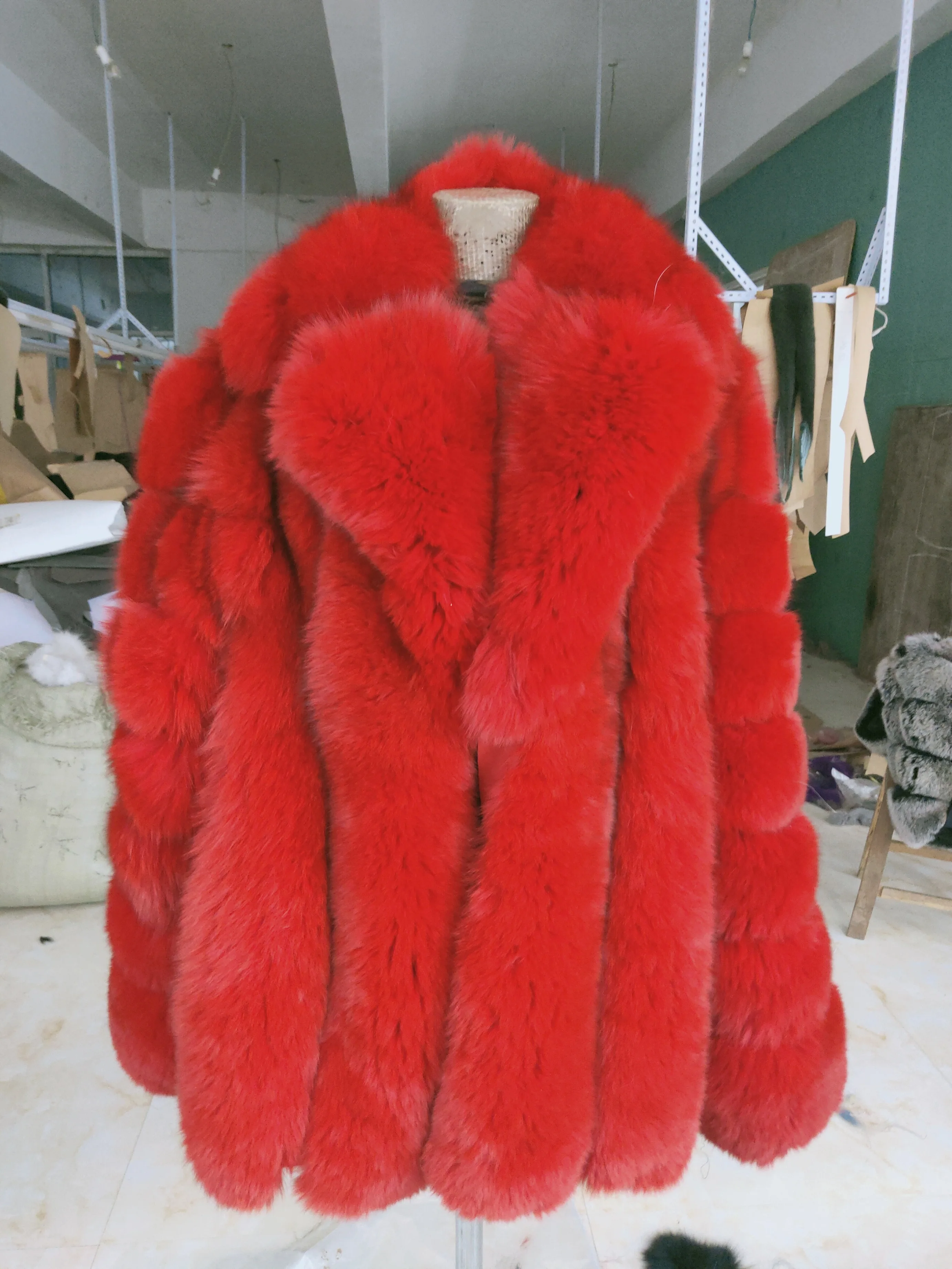 Custom Bright Red Real fox Fur Coat Plus Size for Men Big Size fox Fur Jacket