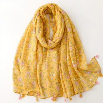 Fresh Sweet Yellow Flower Travel Sun Beach Towels With Tassels Cotton Linen Feel Scarf  Muslim Shawl for Woman
