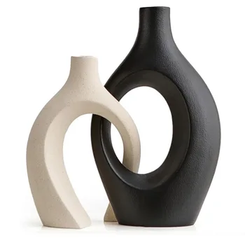 2023 New Arrivals Pampas Grass Pot Natural Dried Flowers Vases For Home Decor Nordic Modern Bouquet Black Ceramic Vase Set