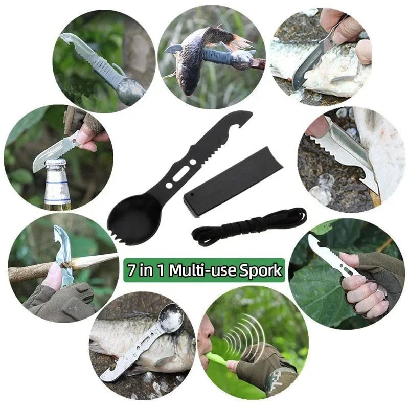 Kongbo Stainless Steel Functional Camping Spoon Fork Flatware 7 in 1 Multi-Use Survival Spork With Bottle Open and Whistle