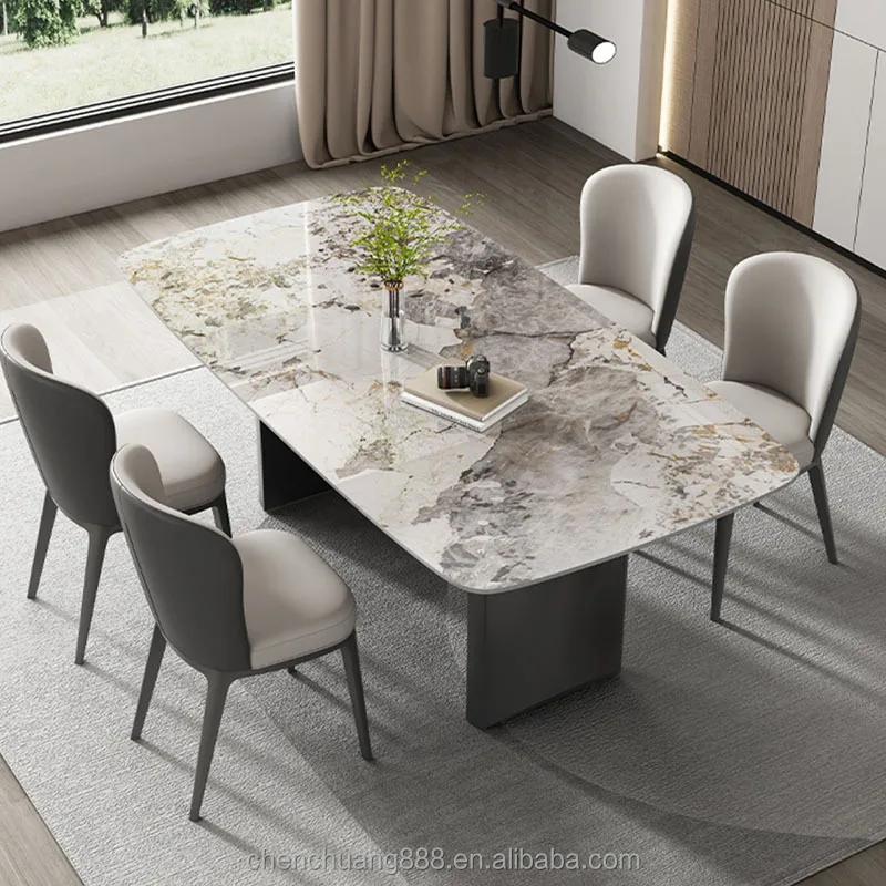 Italian Minimalist Rectangular Light Rock Plate Dining Table and Chair ...