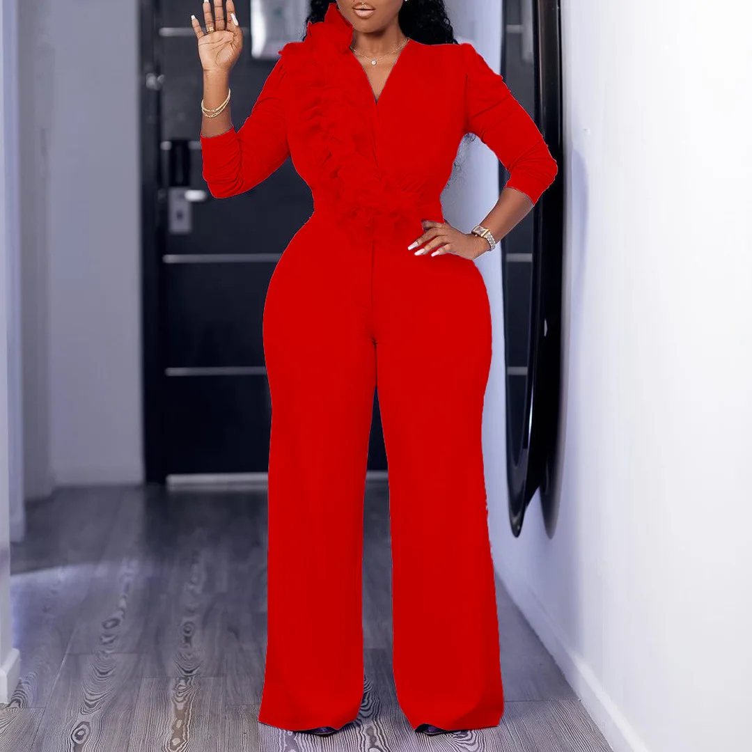 2023 African Casual Dress Fashion Pleated V-neck Jumpsuit Solid Color ...