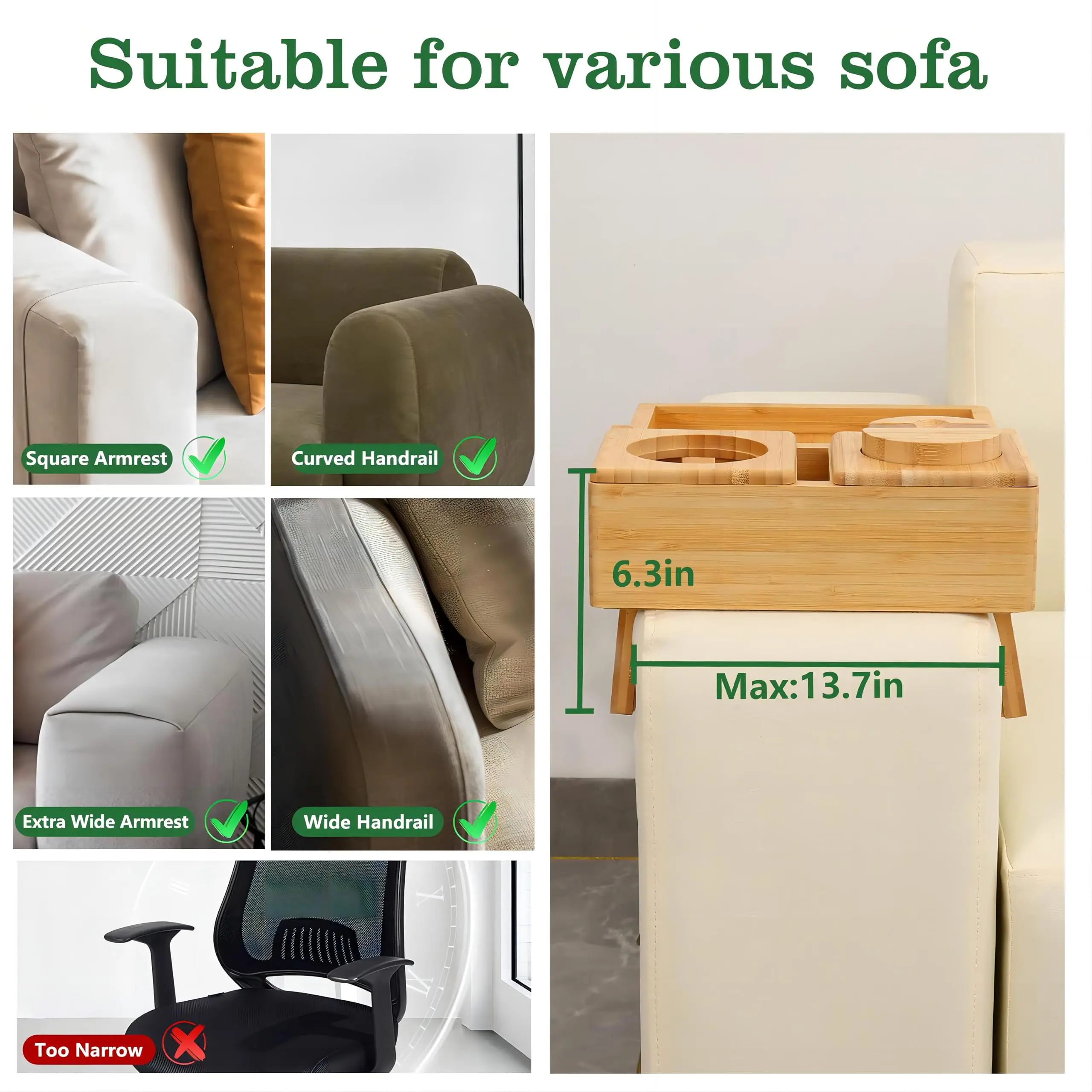 Couch Arm Tray, Multi-Function Folding Sofa Armrest Tray with 360°Rotating Phone&Pad Bracket, TV Tray for Eating and Beverage