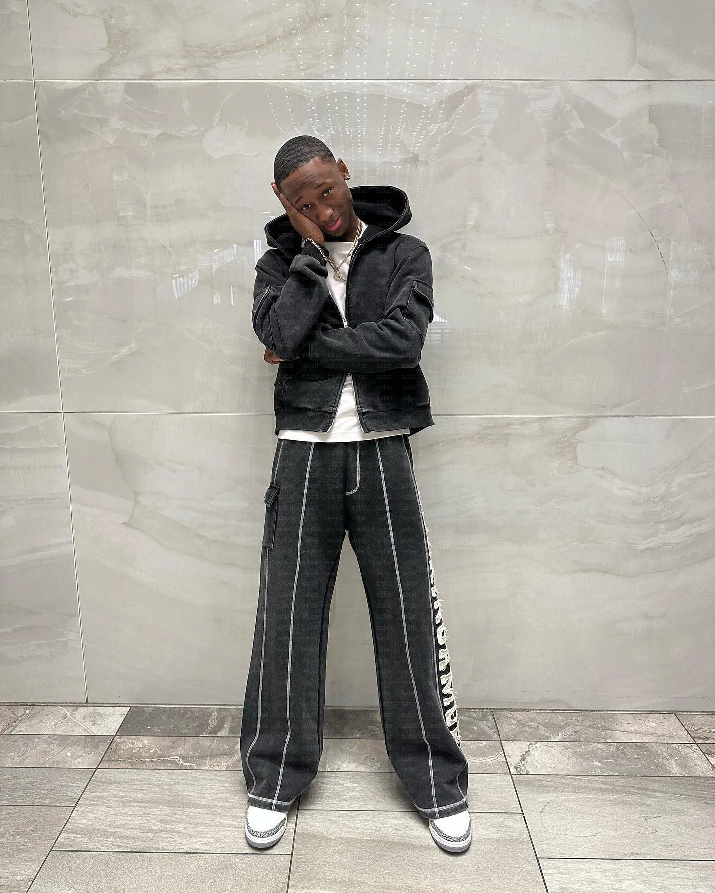 Sweatsuits 2pcs Jogging Suits Zip up Applique Embroidery Cotton Acid Wash Tracksuit Cargo Flare Sweatpants and Hoodie Jogger Set gallery 4