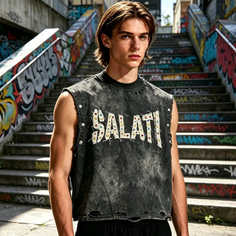 Custom Summer 100 Percent Cotton Ripped Distressed Embroidery Rhinestone Sleeveless T Shirt Acid Wash Rivet Tank Top Apparel gallery 2