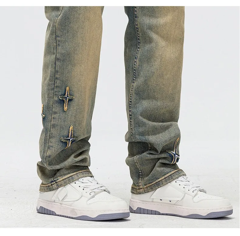 Yellow Mud Wash Cross Jeans Retro Men's Trousers Jeans Denim Trousers  Vintage Jeans