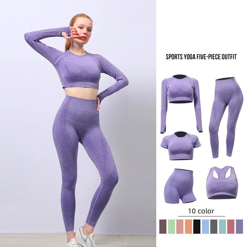 Conjunto de Roupa de Yoga Feminina Confortável, Alta Elasticidade, Secagem Rápida, Conjunto Esportivo à Venda com Design de Ponto, 5 Peças sem Costura e Respirável