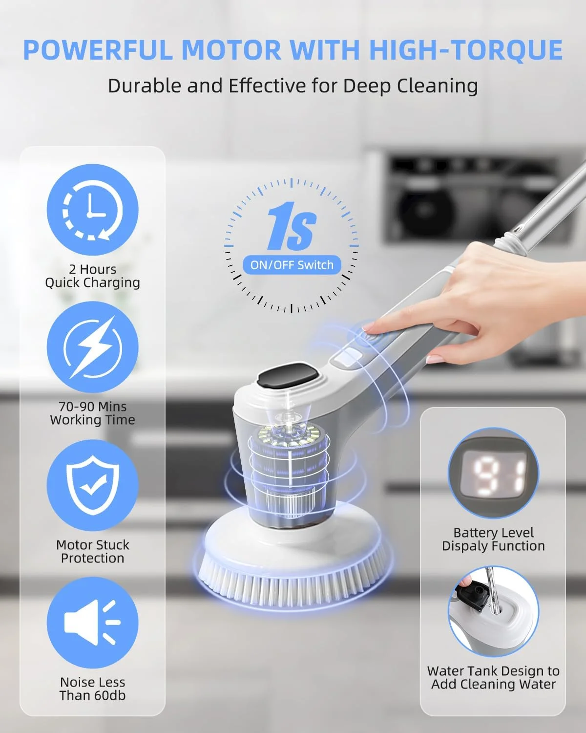 Gadget 2023 New Arrival Round Electric Cleaning Brush Bathroom Scrub Kitchen Cleaning Brush 2 in 1 Handle Cleaning Brush