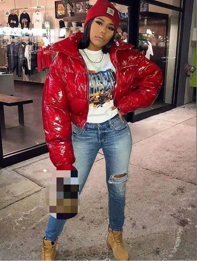 
 Блестящее укороченное Женское зимнее пальто ярких цветов с длинным рукавом, пузырьковое розовое пальто, пуховик  