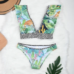 Trendy Plus Size Bikini for Women Floral Print Two Piece Swimsuit with Ruffle Sleeves Comfortable and Breathable Swimwear XL