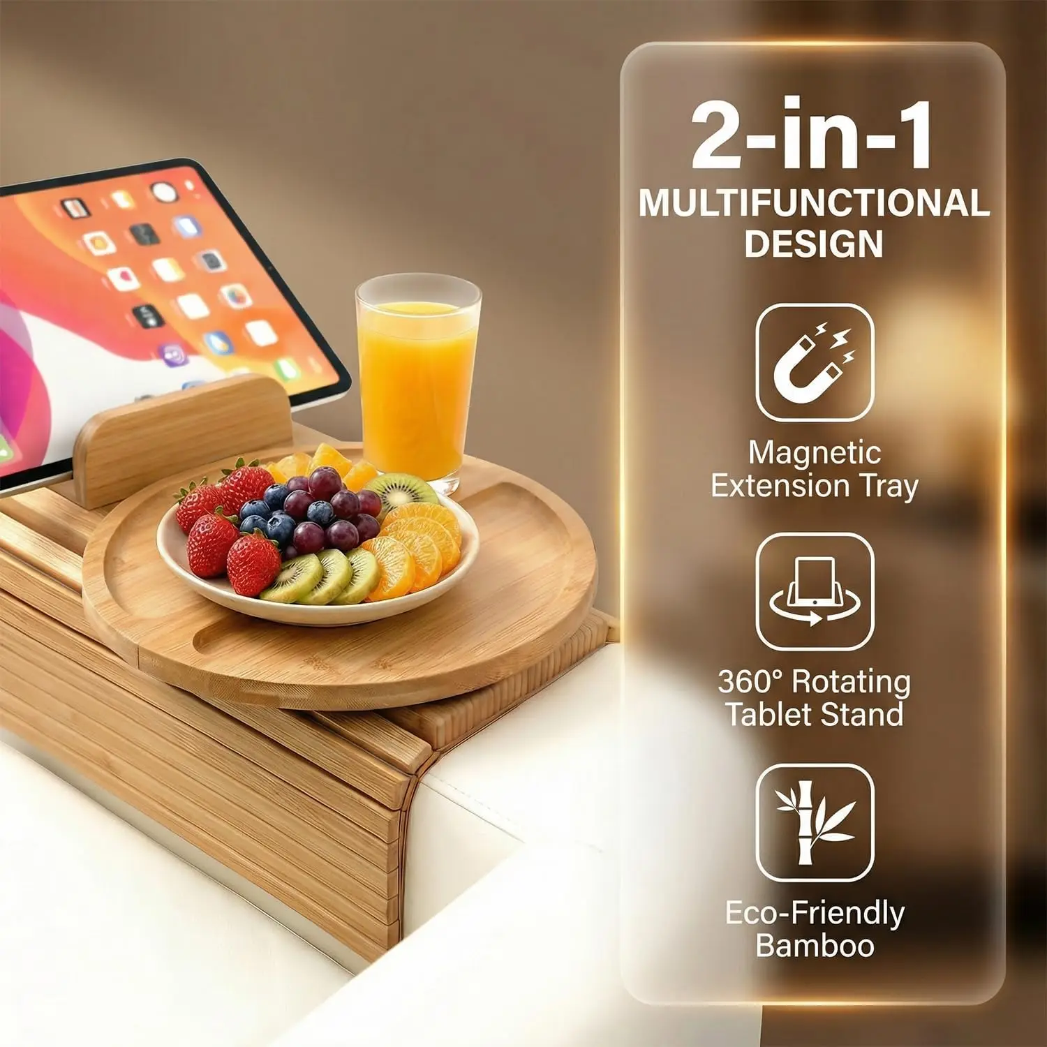 product bamboo sofa armrest tray foldable couch arm table 2 in 1 magnetic rotating couch side tray  sofa arm snack drink tray anti slip-5