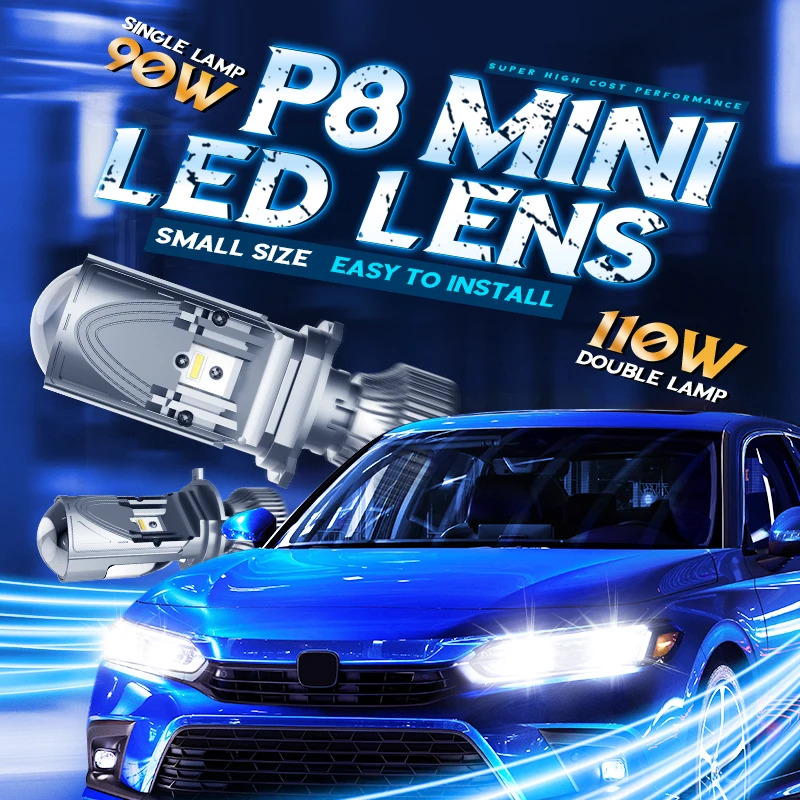 6000K Customized CHIP MINI Small Size Easy to Install H4 Car Headlight Bi Led Projector Lens Cheap P8 110W 8-32V 10000LM 12V