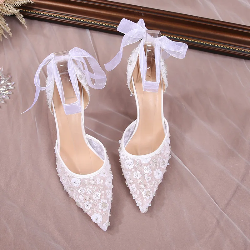 Lace Up Pointed Toe Stiletto Pearls Sandals Luxury Queen Thin Heels Women Bridal Shoes For Weddings - Image 2